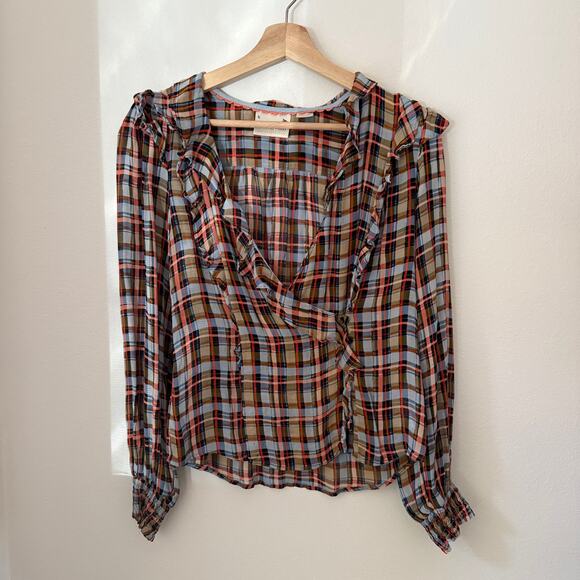 Maeve Anthropologie Laila Plaid Chiffon Ruffle Blouse Sz 8 - Picture 3 of 9